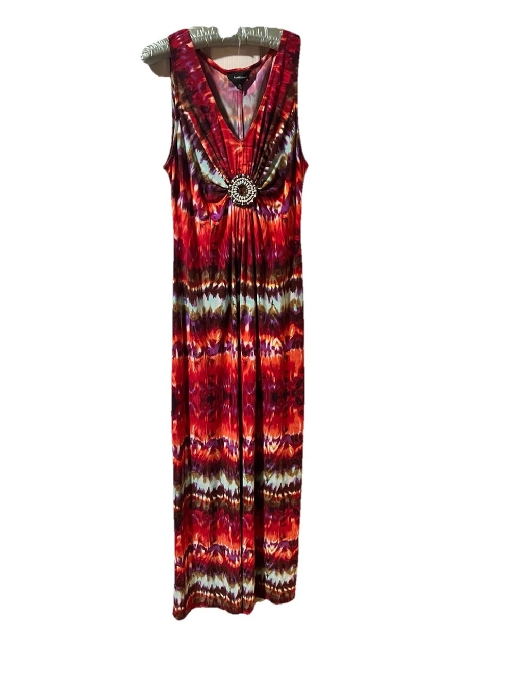 Sleeveless Red Tie-Dye Maxi Dress with Decorative Brooch SZ 16